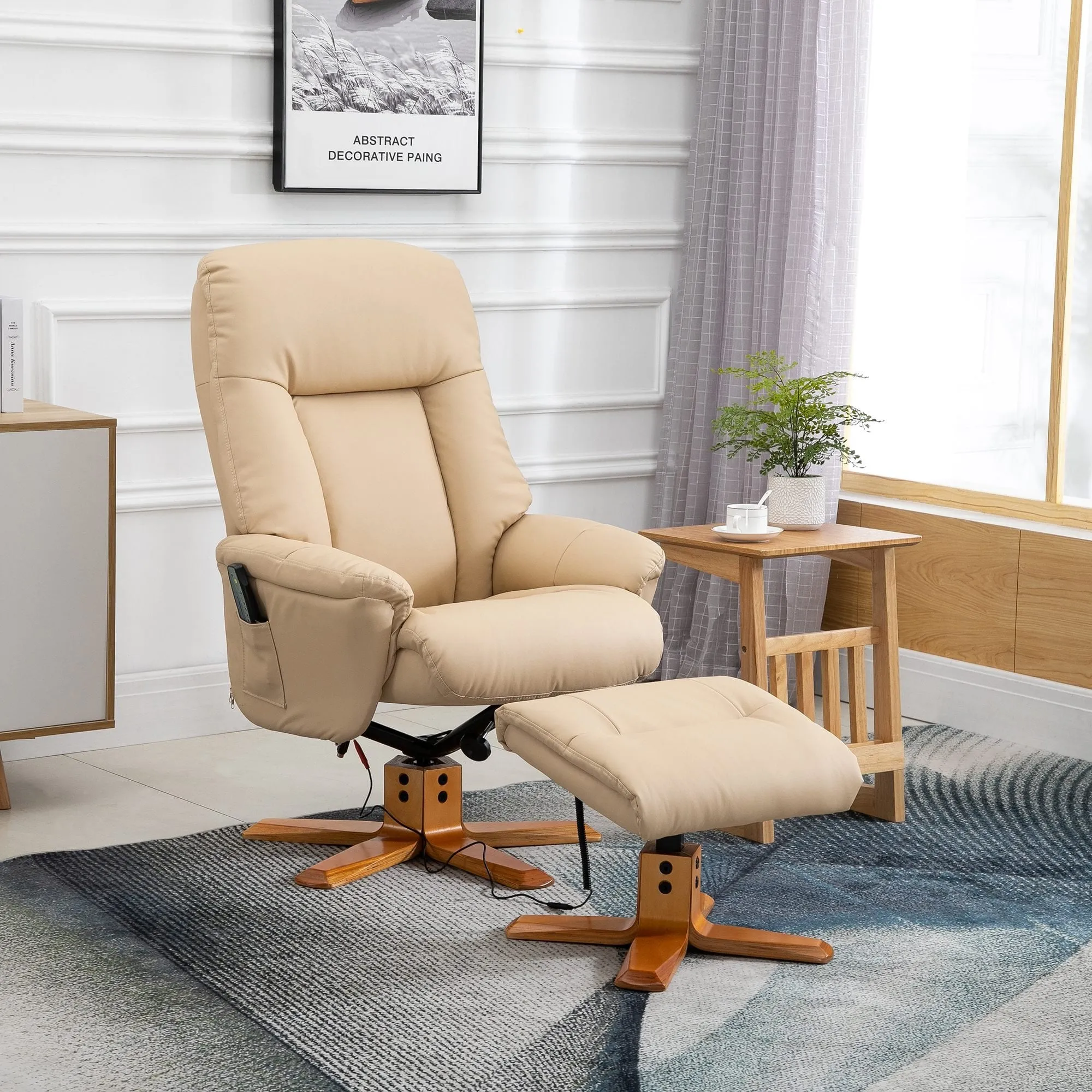 10-Point Massage Sofa Armchair Chair PU Leather W/ Footrest Stool Recliner Beige Ottoman