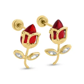 14E00393. - 14 Karat Yellow Gold Flower Red CZ Screw Back Earrings 14E00393. - 14 Karat Yellow Gold Flower Red CZ Screw Back Earrings