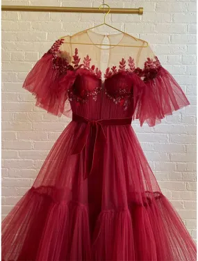 A-Line Evening Gown Luxurious Dress Engagement Floor Length Half Sleeve Jewel Neck Tulle with Beading Appliques A-Line Evening Gown Luxurious Dress Engagement Floor Length Half Sleeve Jewel Neck Tulle with Beading Appliques