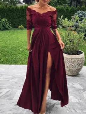 A-Line Evening Gown Minimalist Dress Wedding Guest Formal Evening Floor Length Half Sleeve Off Shoulder Satin with Pleats Slit Appliques A-Line Evening Gown Minimalist Dress Wedding Guest Formal Evening Floor Length Half Sleeve Off Shoulder Satin with Pleats Slit Appliques