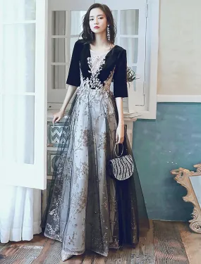 A-Line Glittering Party Wear Formal Evening Dress Half Sleeve Floor Length Velvet with Sequin Appliques A-Line Glittering Party Wear Formal Evening Dress Half Sleeve Floor Length Velvet with Sequin Appliques