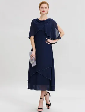 A-Line Mother of the Bride Dress Elegant Cowl Neck Floor Length Chiffon Half Sleeve with Beading A-Line Mother of the Bride Dress Elegant Cowl Neck Floor Length Chiffon Half Sleeve with Beading