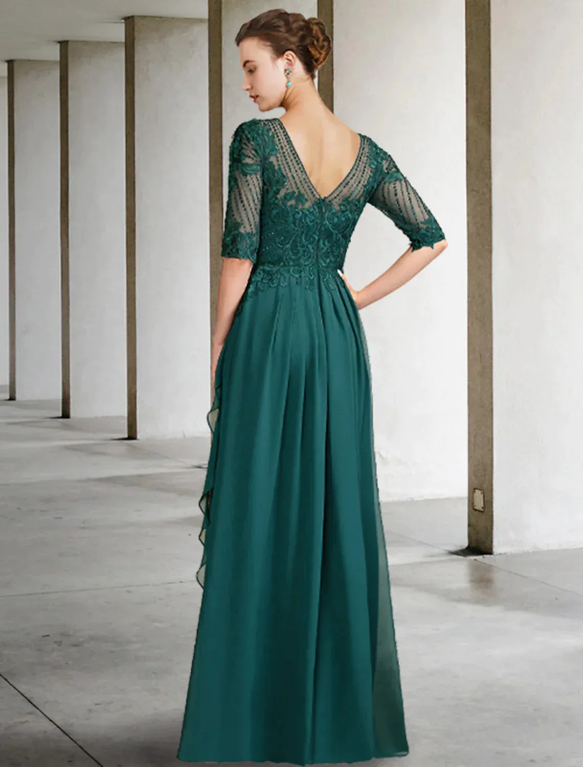 A-Line Mother of the Bride Dress Elegant Floor Length Chiffon Lace Half Sleeve Pleats Beading Appliques