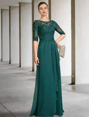 A-Line Mother of the Bride Dress Elegant Floor Length Chiffon Lace Half Sleeve Pleats Beading Appliques A-Line Mother of the Bride Dress Elegant Floor Length Chiffon Lace Half Sleeve Pleats Beading Appliques