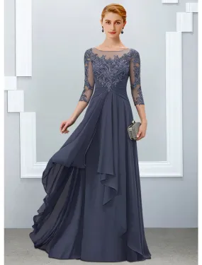 A-Line Mother of the Bride Dress Elegant Jewel Neck Floor Length Chiffon Lace Half Sleeve with Ruffles Appliques A-Line Mother of the Bride Dress Elegant Jewel Neck Floor Length Chiffon Lace Half Sleeve with Ruffles Appliques