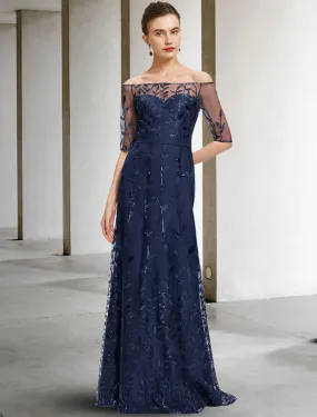A-Line Mother of the Bride Dress Elegant Off Shoulder Floor Length Lace Tulle Half Sleeve with Sequin Appliques A-Line Mother of the Bride Dress Elegant Off Shoulder Floor Length Lace Tulle Half Sleeve with Sequin Appliques