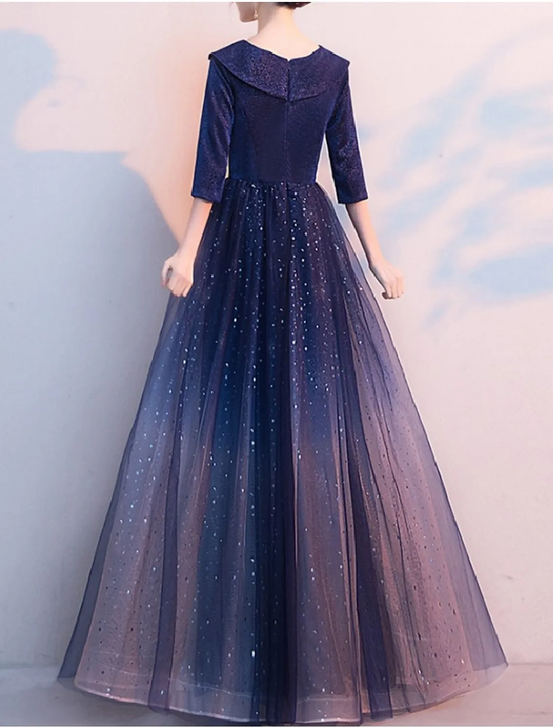 A-Line Mother of the Bride Dress Elegant Sparkle & Shine V Neck Floor Length Tulle Half Sleeve with Sash / Ribbon Sequin