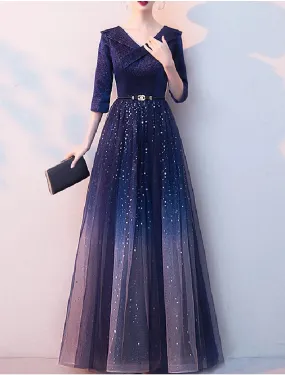 A-Line Mother of the Bride Dress Elegant Sparkle & Shine V Neck Floor Length Tulle Half Sleeve with Sash / Ribbon Sequin A-Line Mother of the Bride Dress Elegant Sparkle & Shine V Neck Floor Length Tulle Half Sleeve with Sash / Ribbon Sequin