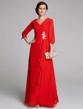 A-Line Mother of the Bride Dress Elegant V Neck Floor Length Chiffon Half Sleeve with Pleats Appliques A-Line Mother of the Bride Dress Elegant V Neck Floor Length Chiffon Half Sleeve with Pleats Appliques
