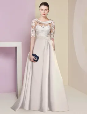 A-Line Mother of the Bride Dress Formal Elegant Scoop Neck Floor Length Satin Lace Half Sleeve with Appliques A-Line Mother of the Bride Dress Formal Elegant Scoop Neck Floor Length Satin Lace Half Sleeve with Appliques