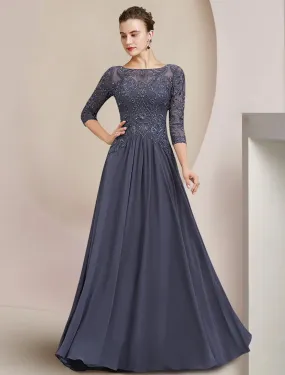 A-Line Mother of the Bride Dress Formal Elegant Scoop Neck Floor Length Tea Length Chiffon Lace Half Sleeve with Beading Appliques A-Line Mother of the Bride Dress Formal Elegant Scoop Neck Floor Length Tea Length Chiffon Lace Half Sleeve with Beading Appliques