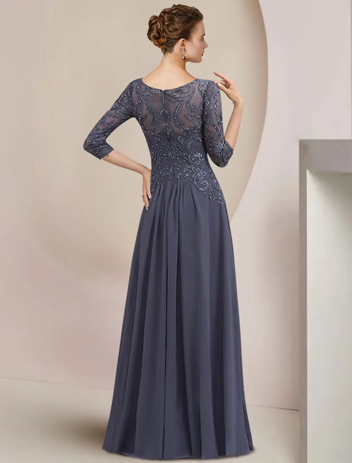 A-Line Mother of the Bride Dress Formal Elegant Scoop Neck Floor Length Tea Length Chiffon Lace Half Sleeve with Beading Appliques