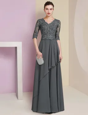 A-Line Mother of the Bride Dress Formal Luxurious Elegant V Neck Floor Length Chiffon Lace Half Sleeve with Pleats Beading Appliques A-Line Mother of the Bride Dress Formal Luxurious Elegant V Neck Floor Length Chiffon Lace Half Sleeve with Pleats Beading Appliques