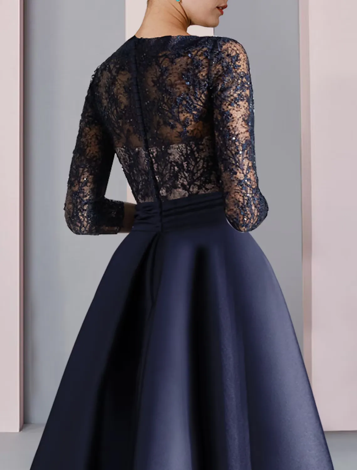 A-Line Mother of the Bride Dress Formal Party Elegant V Neck Floor Length Satin Lace Half Sleeve with Bow(s) Pleats Split Front