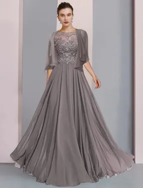 A-Line Mother of the Bride Dress Formal Wedding Guest Elegant Scoop Neck Floor Length Chiffon Lace Half Sleeve Wrap Included with Pleats Beading Appliques A-Line Mother of the Bride Dress Formal Wedding Guest Elegant Scoop Neck Floor Length Chiffon Lace Half Sleeve Wrap Included with Pleats Beading Appliques