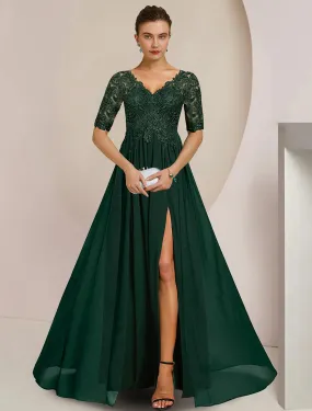 A-Line Mother of the Bride Dress Formal Wedding Guest Elegant V Neck Floor Length Chiffon Lace Half Sleeve with Pleats Appliques Split Front A-Line Mother of the Bride Dress Formal Wedding Guest Elegant V Neck Floor Length Chiffon Lace Half Sleeve with Pleats Appliques Split Front