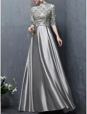 A-Line Mother of the Bride Dress High Neck Floor Length Satin Half Sleeve with Bow(s) Appliques A-Line Mother of the Bride Dress High Neck Floor Length Satin Half Sleeve with Bow(s) Appliques