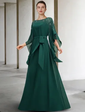 A-Line Mother of the Bride Dress Luxurious Elegant Jewel Neck Floor Length Chiffon Half Sleeve with Sash / Ribbon Beading A-Line Mother of the Bride Dress Luxurious Elegant Jewel Neck Floor Length Chiffon Half Sleeve with Sash / Ribbon Beading