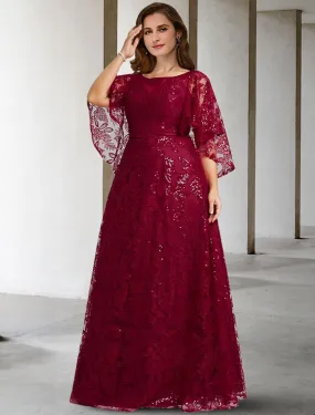 A-Line Mother of the Bride Dress Plus Size Elegant Jewel Neck Floor Length Lace Half Sleeve No with Sequin Appliques A-Line Mother of the Bride Dress Plus Size Elegant Jewel Neck Floor Length Lace Half Sleeve No with Sequin Appliques