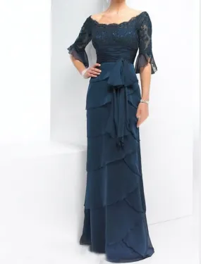 A-Line Mother of the Bride Dress Wedding Guest Elegant & Luxurious Off Shoulder Floor Length Chiffon Lace Half Sleeve with Sash / Ribbon Bow(s) Appliques Fall A-Line Mother of the Bride Dress Wedding Guest Elegant & Luxurious Off Shoulder Floor Length Chiffon Lace Half Sleeve with Sash / Ribbon Bow(s) Appliques Fall