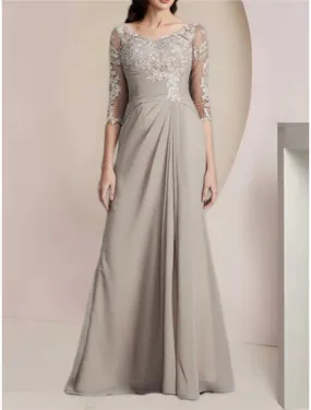A-Line Mother of the Bride Dress Wedding Guest Elegant Scoop Neck Floor Length Chiffon Half Sleeve with Lace Ruching Solid Color A-Line Mother of the Bride Dress Wedding Guest Elegant Scoop Neck Floor Length Chiffon Half Sleeve with Lace Ruching Solid Color