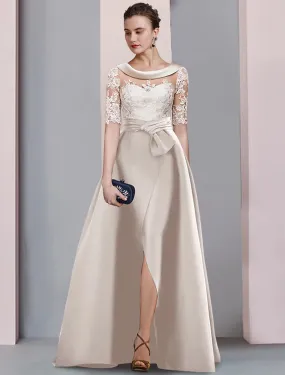 A-Line Mother of the Bride Dress Wedding Guest Elegant Scoop Neck Floor Length Satin Lace Half Sleeve with Bow(s) Appliques Split Front A-Line Mother of the Bride Dress Wedding Guest Elegant Scoop Neck Floor Length Satin Lace Half Sleeve with Bow(s) Appliques Split Front