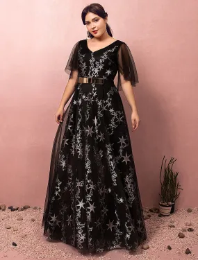 A-Line Plus Size Prom Formal Evening Dress V Neck Half Sleeve Floor Length Lace with Sash / Ribbon Pleats Sequin A-Line Plus Size Prom Formal Evening Dress V Neck Half Sleeve Floor Length Lace with Sash / Ribbon Pleats Sequin