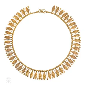 Antique Etruscan Revival gold fringe necklace with leaves Antique Etruscan Revival gold fringe necklace with leaves