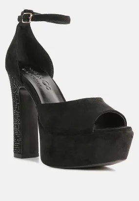 BEATY Black Rhinestones High Block Heeled Sandals BEATY Black Rhinestones High Block Heeled Sandals