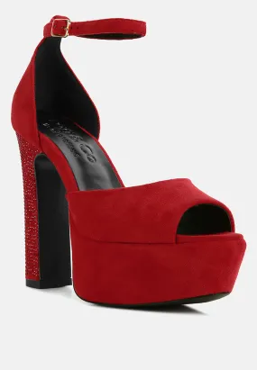 BEATY Red Rhinestones High Block Heeled Sandals BEATY Red Rhinestones High Block Heeled Sandals