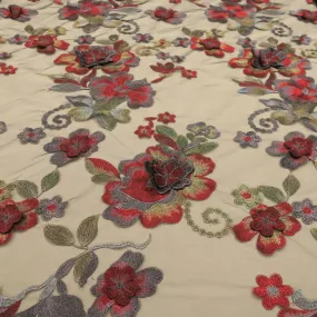 Black Tulle with Red and Gray 3D Floral Design Embroidered Fabric Black Tulle with Red and Gray 3D Floral Design Embroidered Fabric
