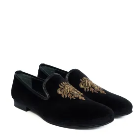Black Velvet Slip-on Shoes with Hand Zardosi Design Black Velvet Slip-on Shoes with Hand Zardosi Design