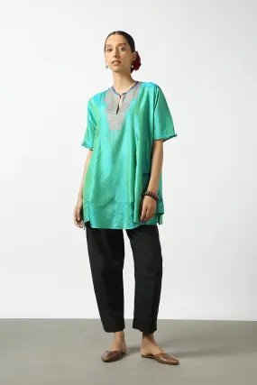 Blue Raw Silk Hand Embroidered Short Phiran Top Blue Raw Silk Hand Embroidered Short Phiran Top
