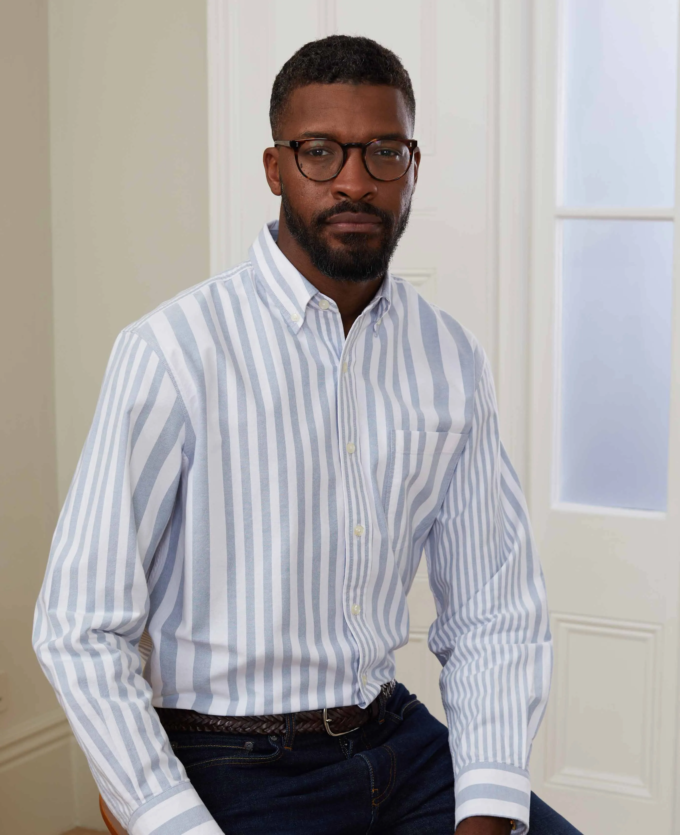 Blue White Variegated Stripe Oxford Shirt