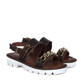 Chain Embellished Brown Sandal with White Chunky Sole Chain Embellished Brown Sandal with White Chunky Sole