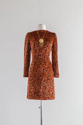Chic 1970s Silk Velvet Dress In Flaming Orange & Black / Small Chic 1970s Silk Velvet Dress In Flaming Orange & Black / Small