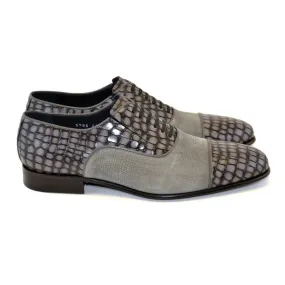 Corrente Grey Crocodile Print Calfskin & Suede Leather Fake Laces Mens Slip On Corrente Grey Crocodile Print Calfskin & Suede Leather Fake Laces Mens Slip On