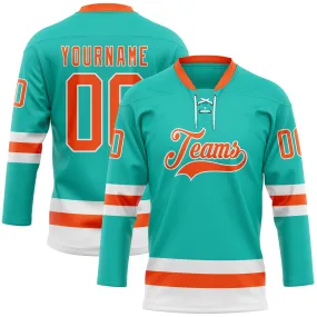 Custom Aqua Orange-White Hockey Lace Neck Jersey Custom Aqua Orange-White Hockey Lace Neck Jersey