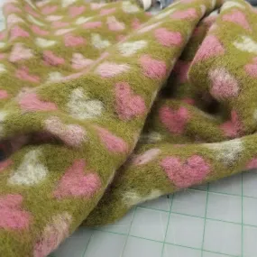 Designer Deadstock European Pink Hearts Chartreuse Boiled Wool Knit- by the yard Designer Deadstock European Pink Hearts Chartreuse Boiled Wool Knit- by the yard