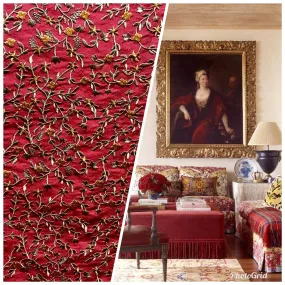 Designer Princess Esme 100% Silk Dupioni Embroidered Fabric - Red Floral LLSUR0002 Designer Princess Esme 100% Silk Dupioni Embroidered Fabric - Red Floral LLSUR0002