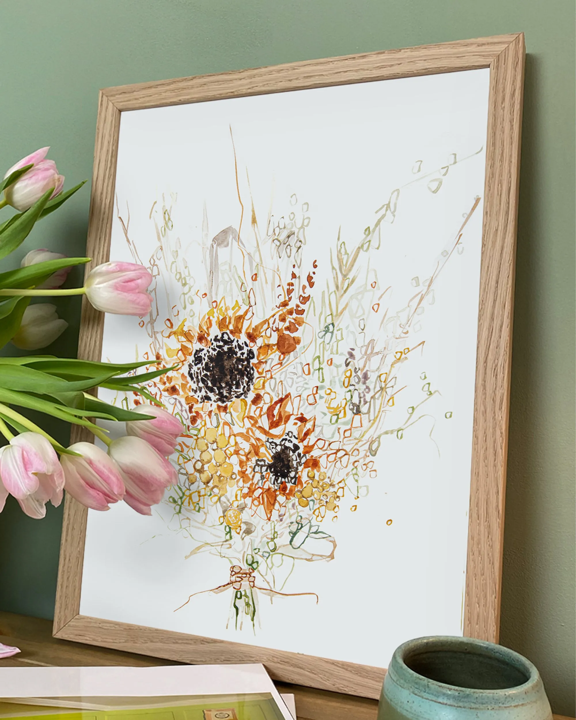 Dried Sunflower Bouquet Wall Art Print