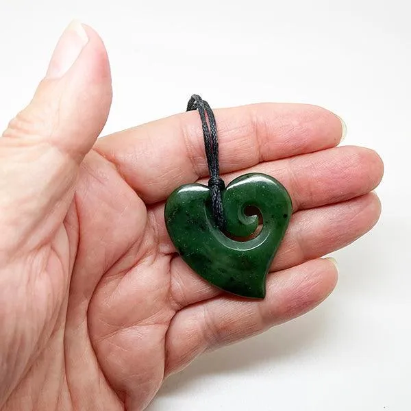 Genuine NZ Greenstone Curved Heart Necklace with Inner Koru
