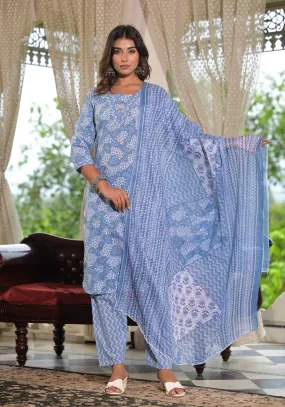 Juniper Sky Blue Ethnic Motif Printed Cotton Kurta, Pant And Dupatta Set With Buttons & Lace Juniper Sky Blue Ethnic Motif Printed Cotton Kurta, Pant And Dupatta Set With Buttons & Lace