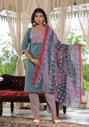 Juniper Teal Blue Ethnic Motif Printed Cotton Kurta, Pant And Dupatta Set With Zari & Thread Work Juniper Teal Blue Ethnic Motif Printed Cotton Kurta, Pant And Dupatta Set With Zari & Thread Work