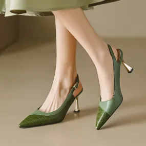 Leather Point Toe Kitty Heel Pumps Sandals 70mm Alligator Print High Heels in Green/Beige Leather Point Toe Kitty Heel Pumps Sandals 70mm Alligator Print High Heels in Green/Beige