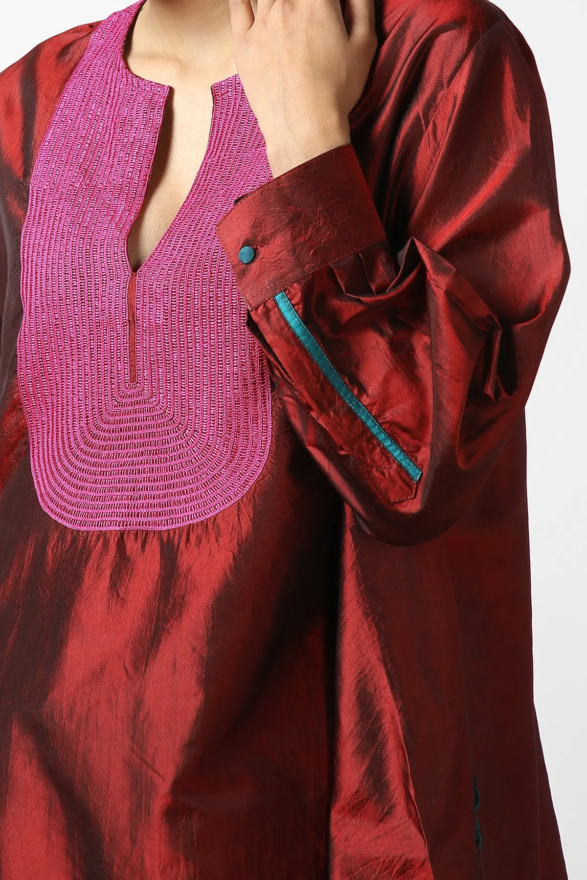 Maroon Raw Silk Hand Embroidered Short Phiran Top