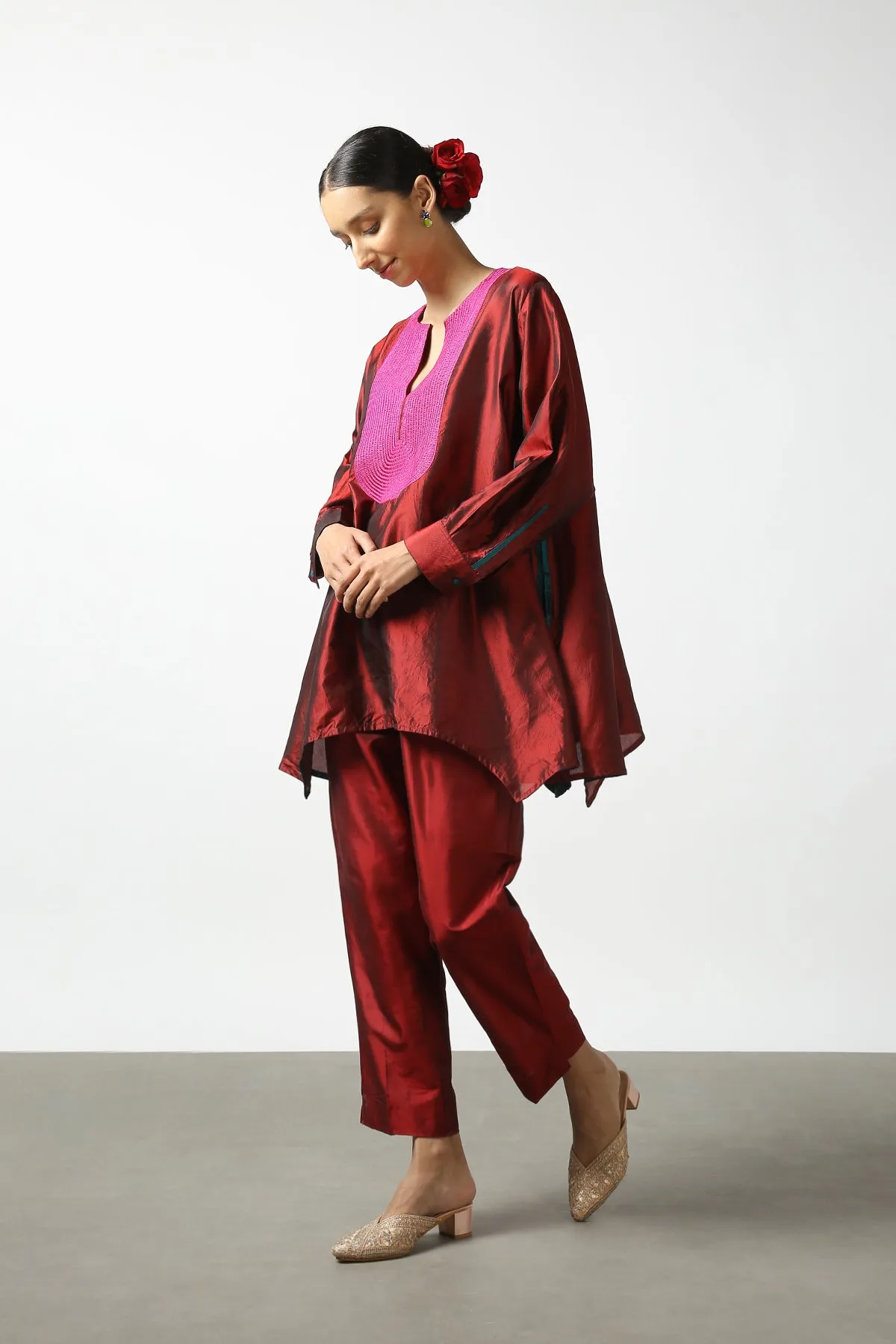 Maroon Raw Silk Hand Embroidered Short Phiran Top