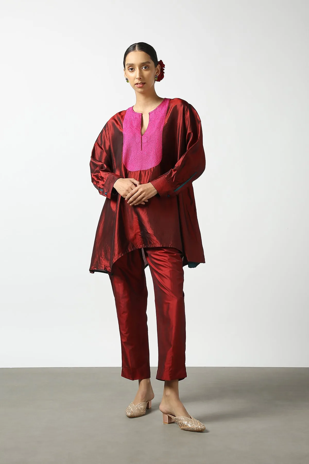 Maroon Raw Silk Hand Embroidered Short Phiran Top
