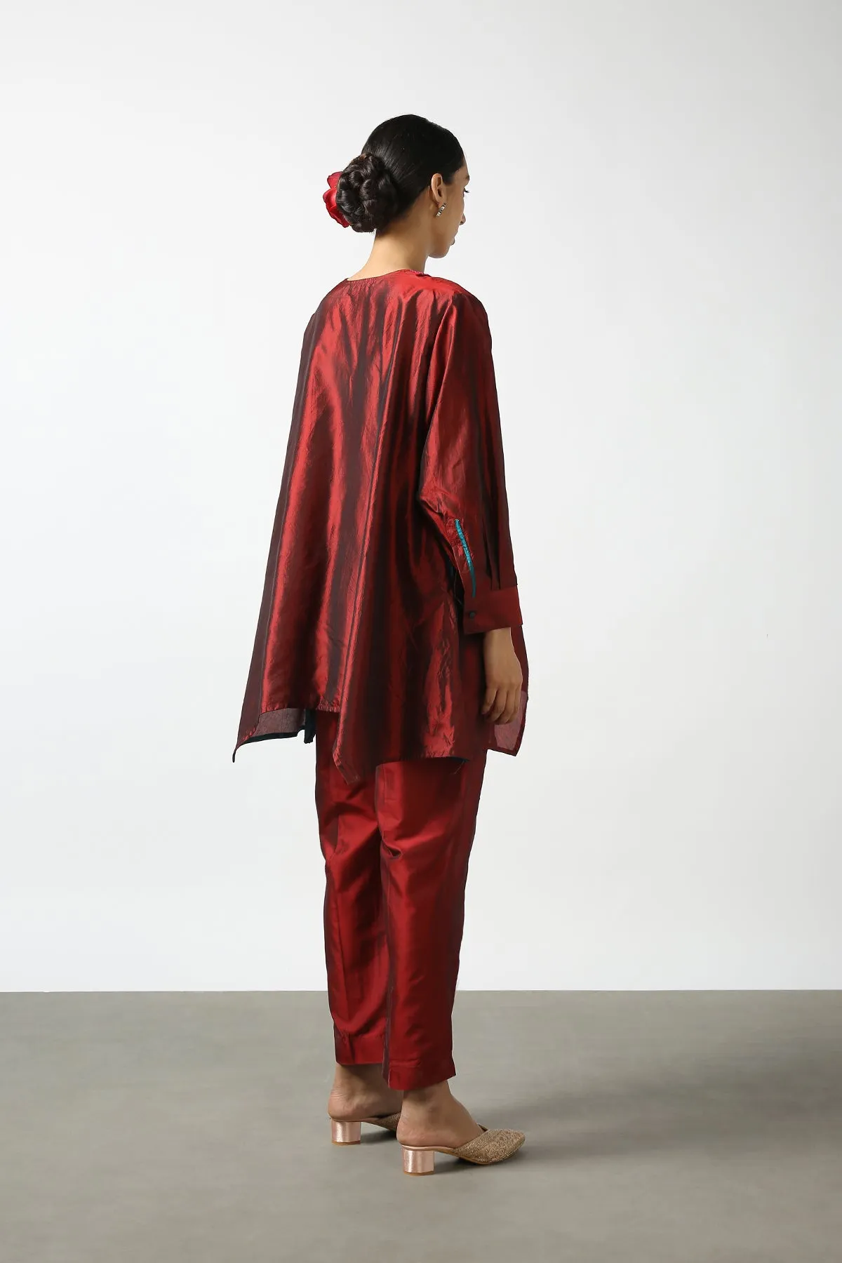 Maroon Raw Silk Hand Embroidered Short Phiran Top