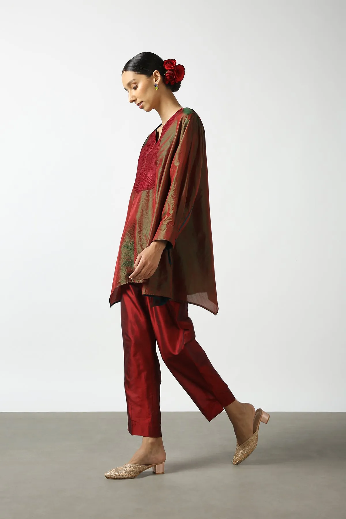 Maroon Silk Hand Embroidered Short Phiran Top